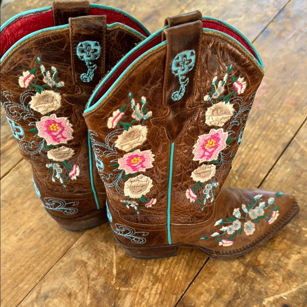 Macie Bean Brown and Pink Floral Embroidered Boots